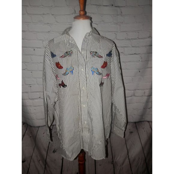 Plus Size Top 1X Striped Shoe Appliques Button Down Casey Coleman - Picture 1 of 5